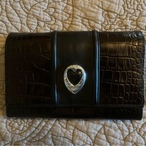 Vintage Brighton Black Crocodile-Embossed Silver Heart Accent Wallet Clutch Bag